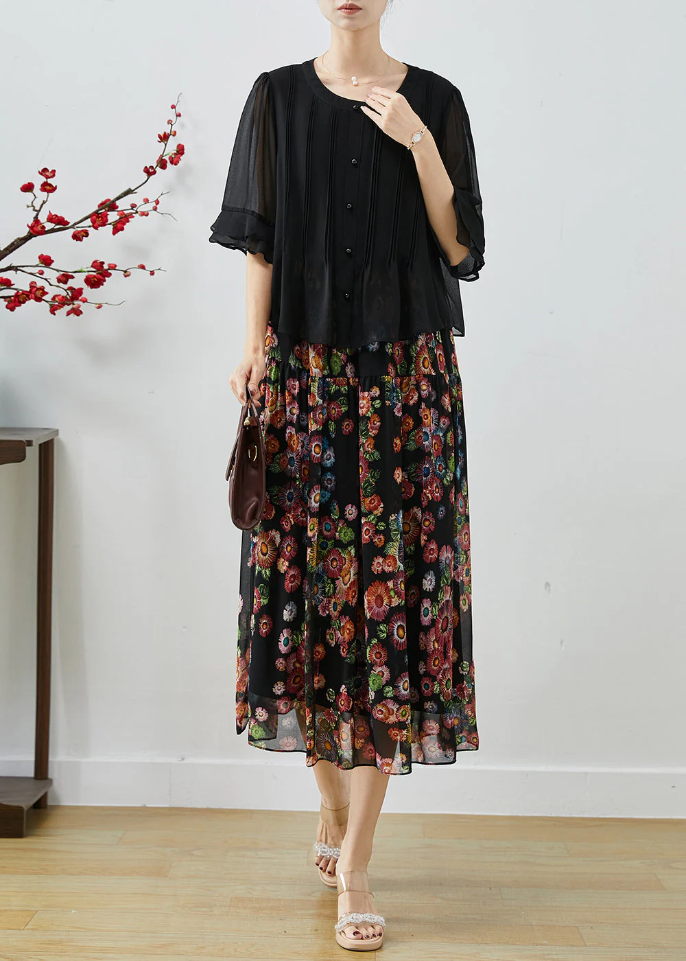 Modern Black Oversized Patchwork Print Chiffon Long Dress Summer - Image 3