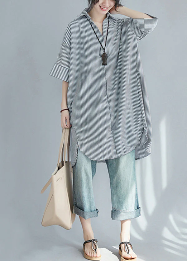 Modern Black Oversized Striped Cotton Shirt Dress Summer - Image 3