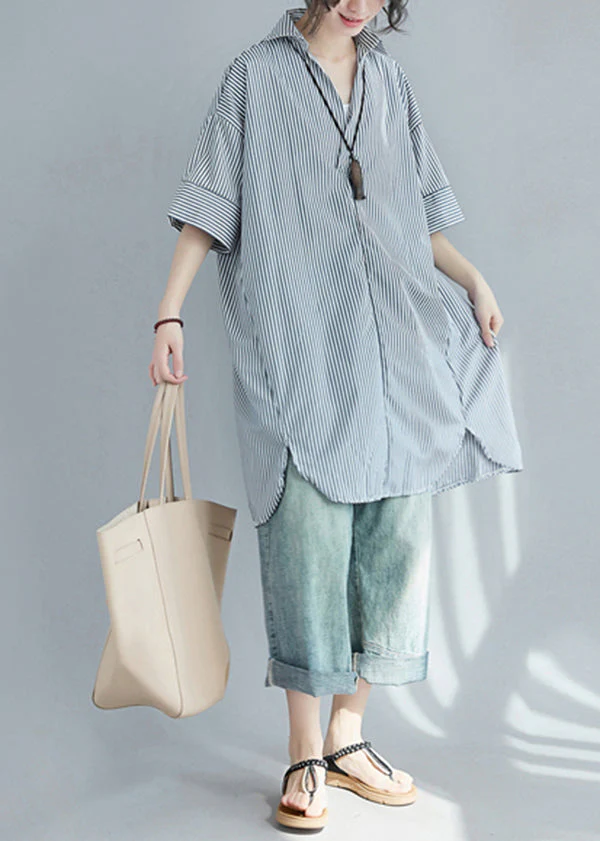 Modern Black Oversized Striped Cotton Shirt Dress Summer - Image 4