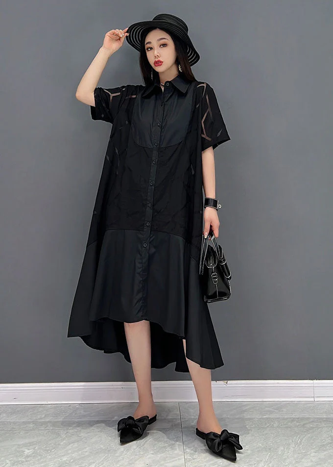 Modern Black Peter Pan Collar Patchwork Cotton Shirt Dress Short Sleeve - Image 2