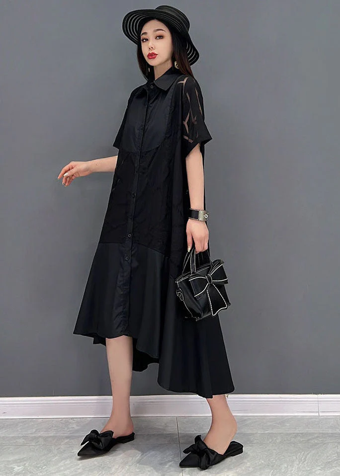 Modern Black Peter Pan Collar Patchwork Cotton Shirt Dress Short Sleeve - Image 3