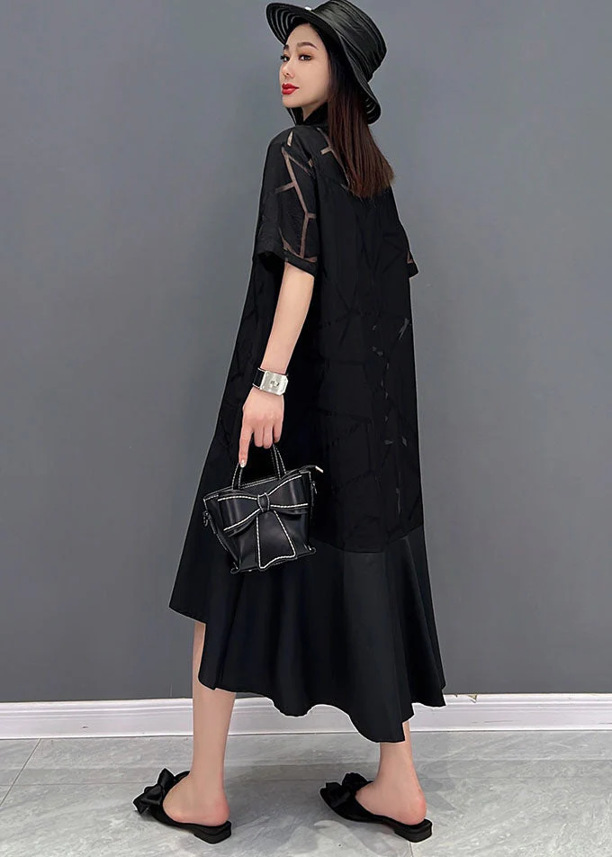 Modern Black Peter Pan Collar Patchwork Cotton Shirt Dress Short Sleeve - Image 4