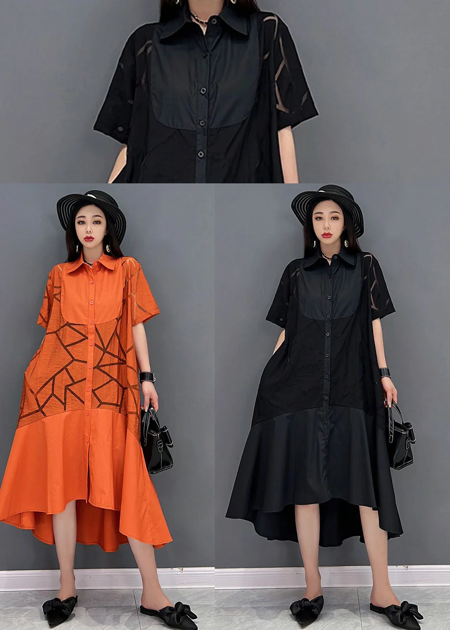 Modern Black Peter Pan Collar Patchwork Cotton Shirt Dress Short Sleeve - Image 5