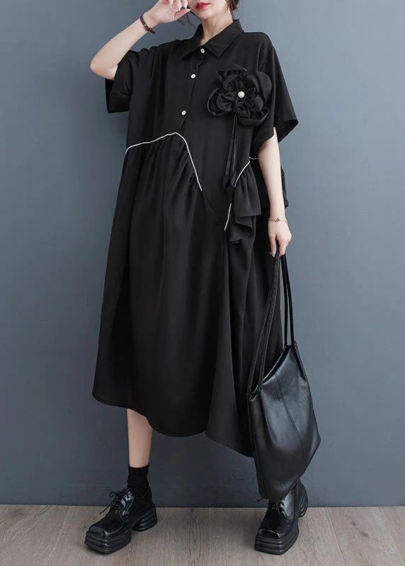 Modern Black Peter Pan Collar Patchwork Floral Button Party Maxi Dress Short Sleeve - Image 2