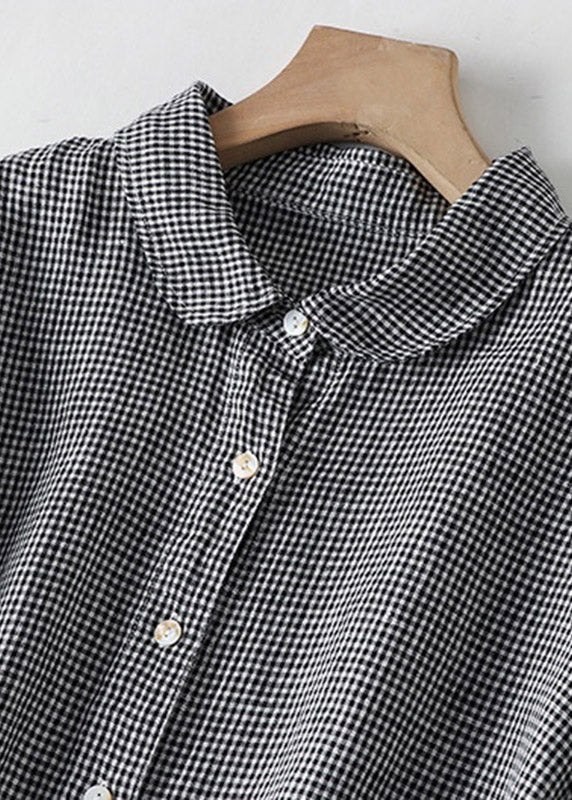 Modern Black Plaid Peter Pan Collar Button Linen Long Shirts Dress Summer - Image 4