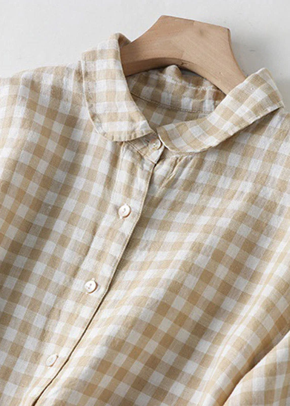 Modern Black Plaid Peter Pan Collar Button Linen Long Shirts Dress Summer - Image 5