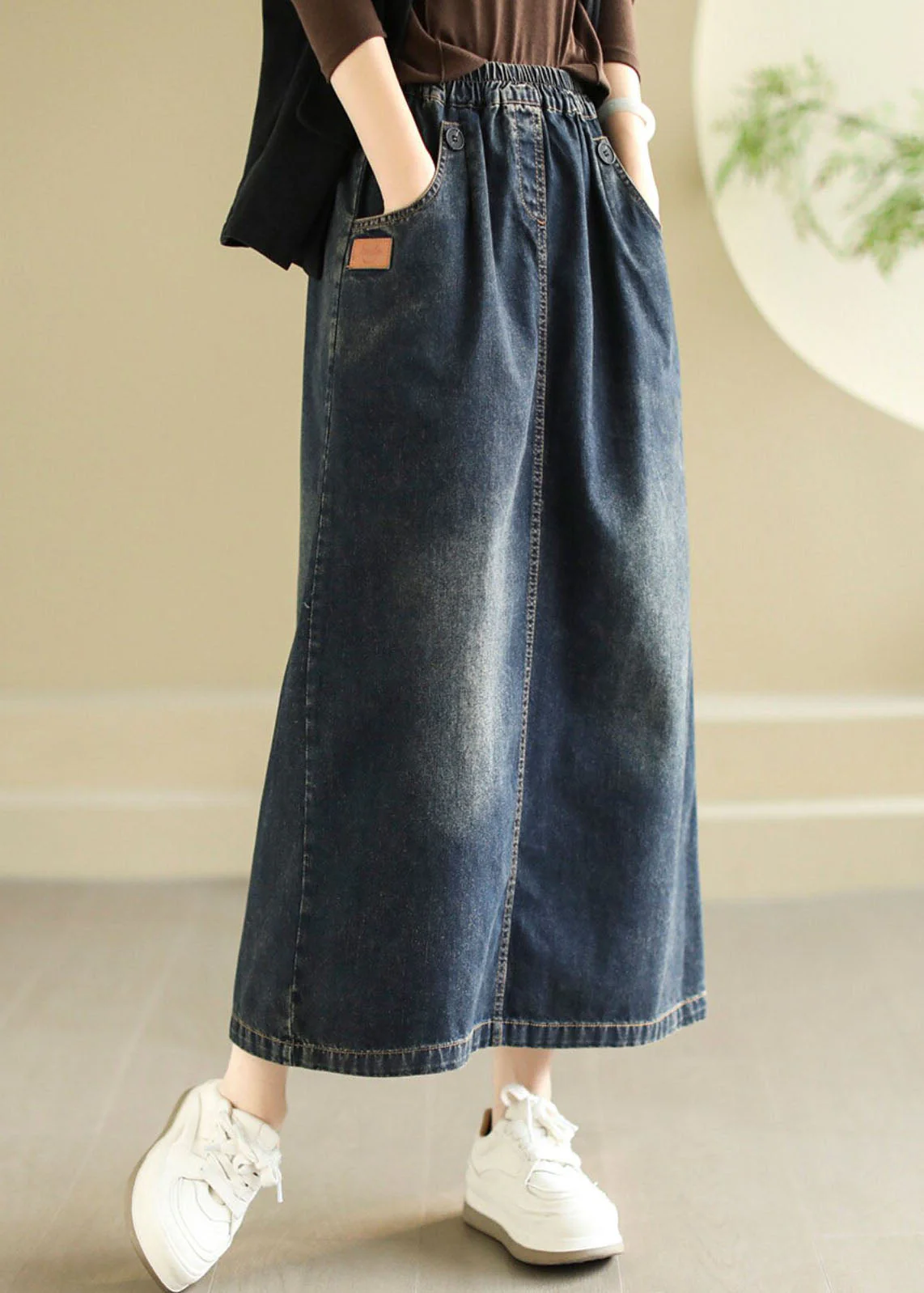 Modern Black Pockets Patchwork Elastic Waist Denim Skirt Spring - Image 4