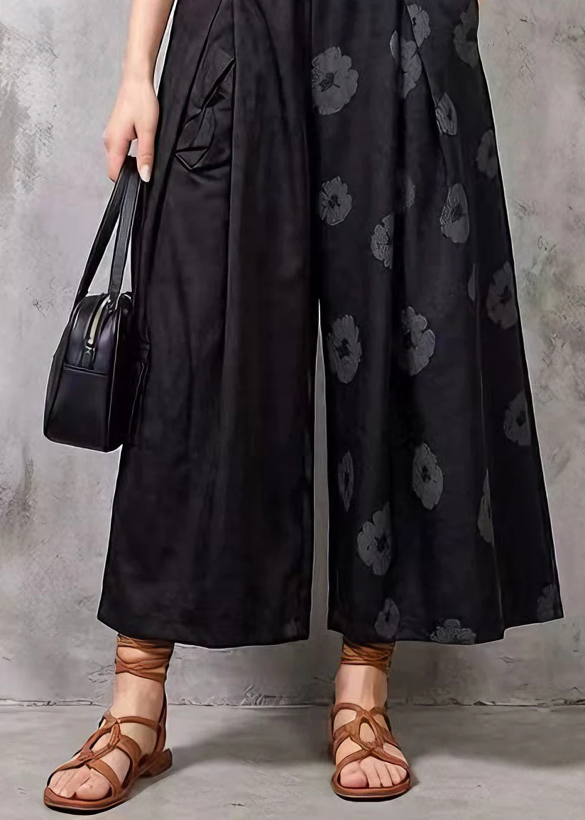 Modern Black Pockets Print Cotton Crop Pants Summer - Image 4