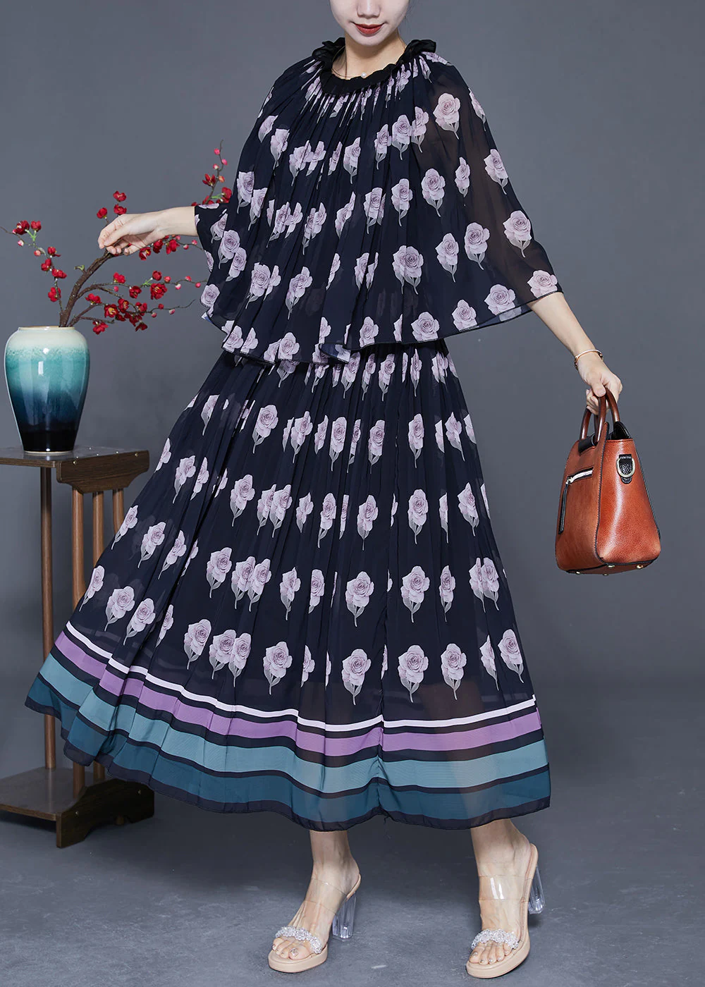 Modern Black Ruffled Print Fake Two Piece Chiffon Holiday Dress Cloak Sleeves - Image 2