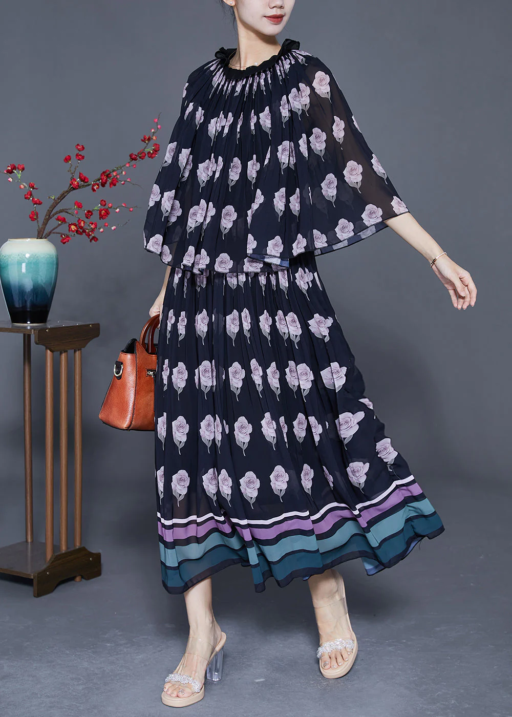 Modern Black Ruffled Print Fake Two Piece Chiffon Holiday Dress Cloak Sleeves - Image 3