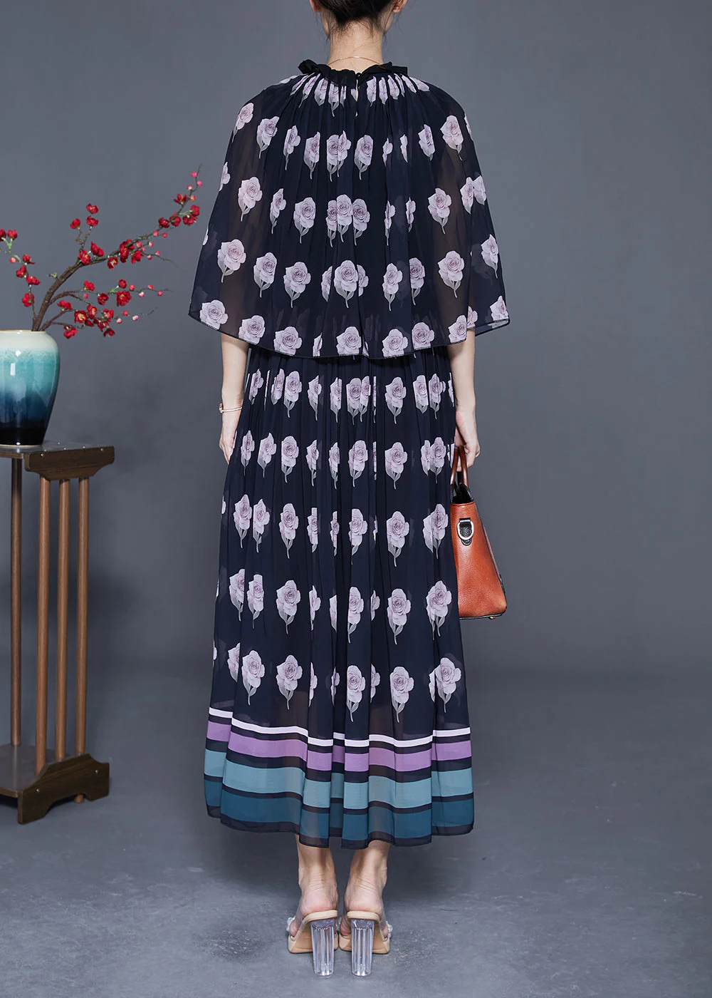 Modern Black Ruffled Print Fake Two Piece Chiffon Holiday Dress Cloak Sleeves - Image 4