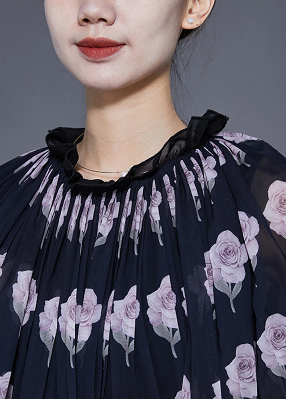 Modern Black Ruffled Print Fake Two Piece Chiffon Holiday Dress Cloak Sleeves - Image 5
