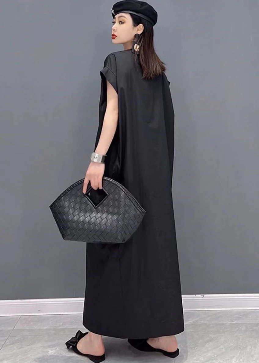 Modern Black Solid V Neck Button Pockets Cotton Long Shirt Dresses Short Sleeve - Image 5