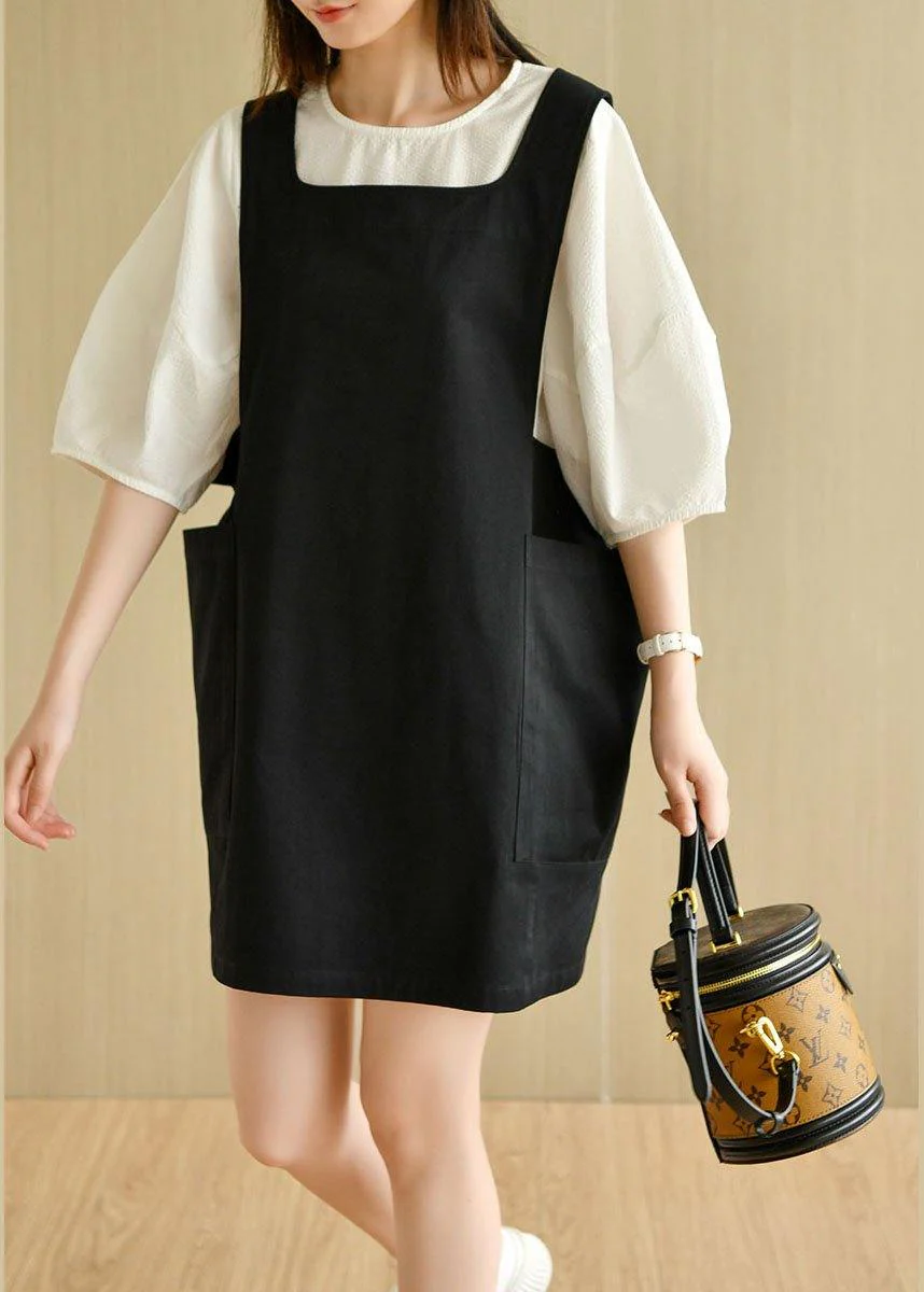 Modern Black Square Collar Pockets Summer Cotton Dresses Sleeveless - Image 2