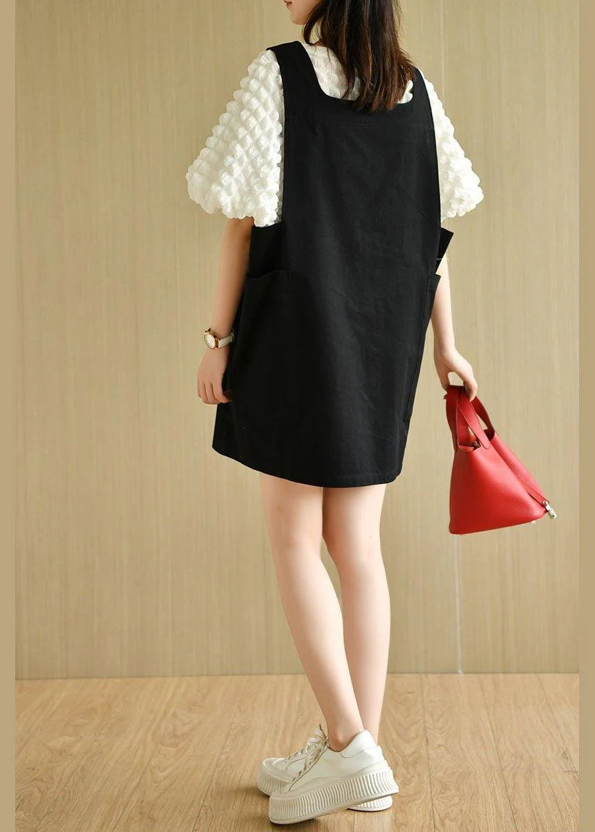 Modern Black Square Collar Pockets Summer Cotton Dresses Sleeveless - Image 3