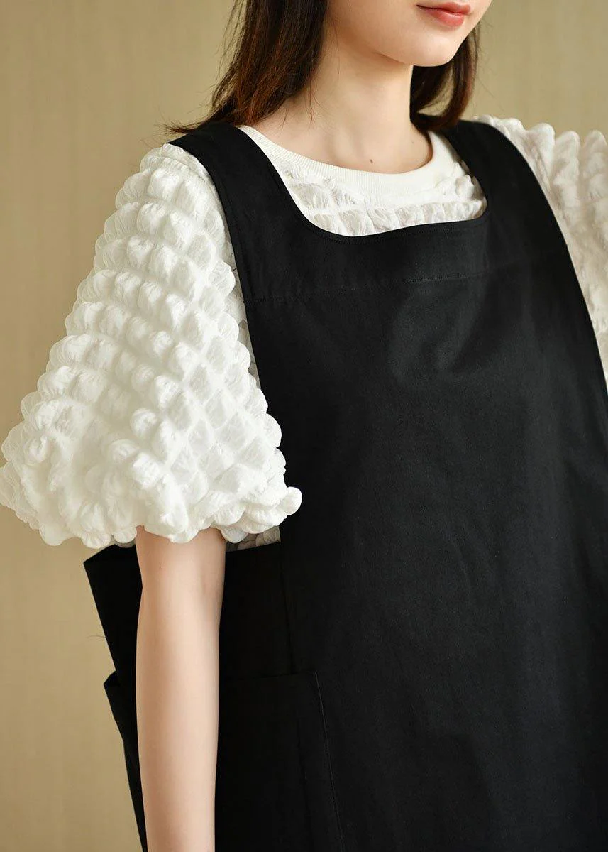 Modern Black Square Collar Pockets Summer Cotton Dresses Sleeveless - Image 4