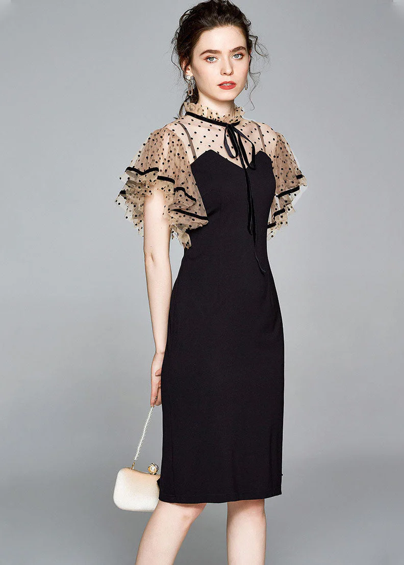 Modern Black Stand Collar Patchwork Tulle Dresses Petal Sleeve - Image 2