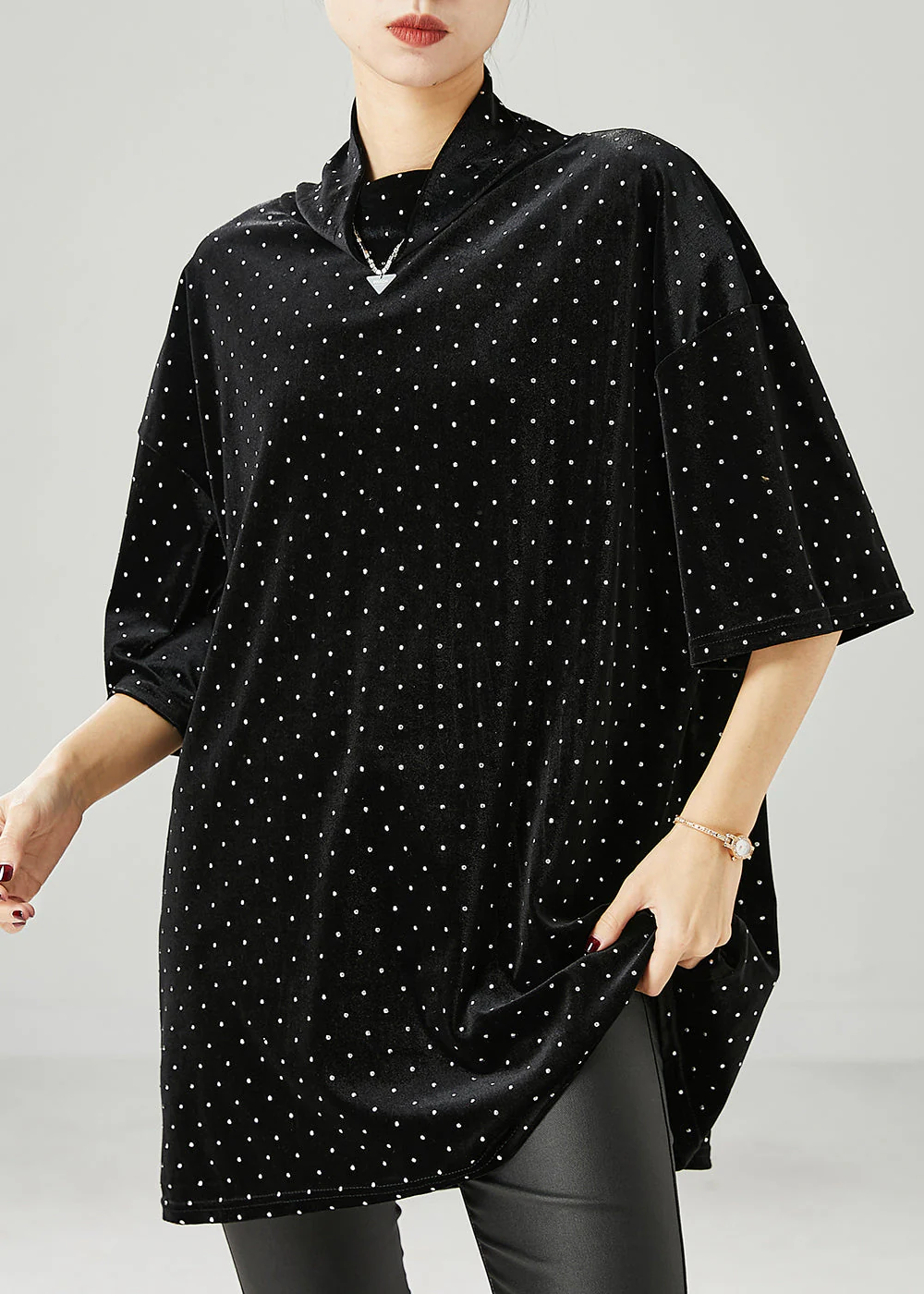 Modern Black Turtle Neck Dot Silk Velour Mid Dress Half Sleeve
