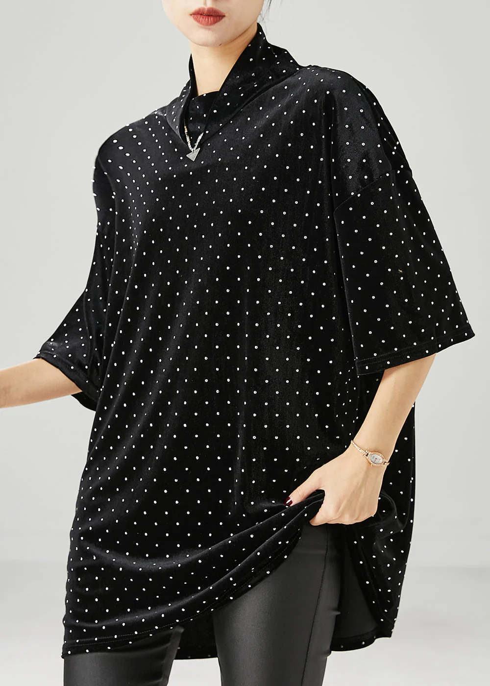 Modern Black Turtle Neck Dot Silk Velour Mid Dress Half Sleeve - Image 2
