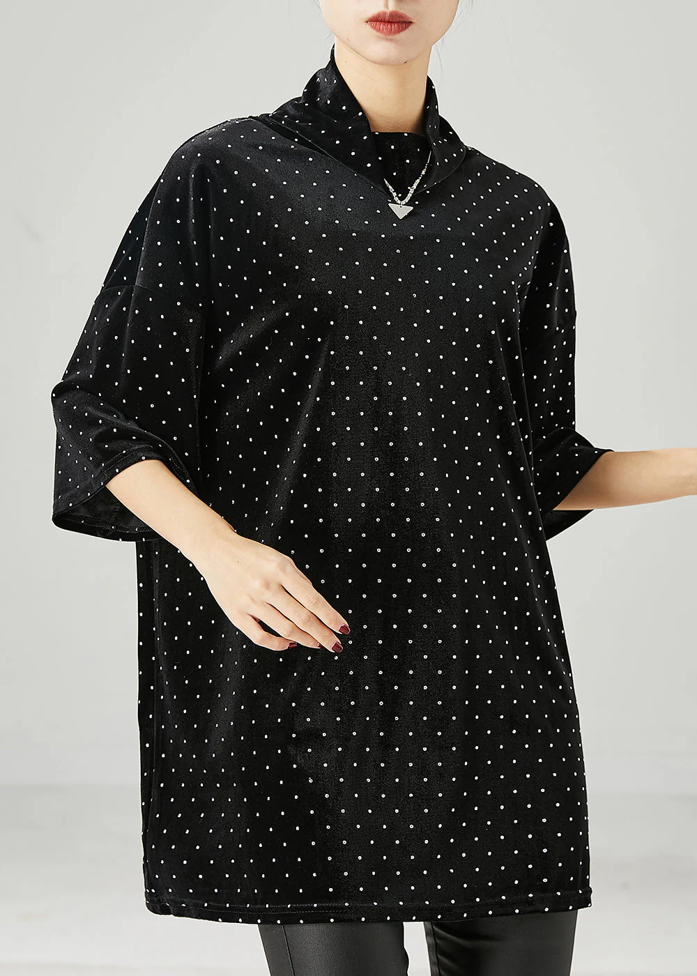 Modern Black Turtle Neck Dot Silk Velour Mid Dress Half Sleeve - Image 3
