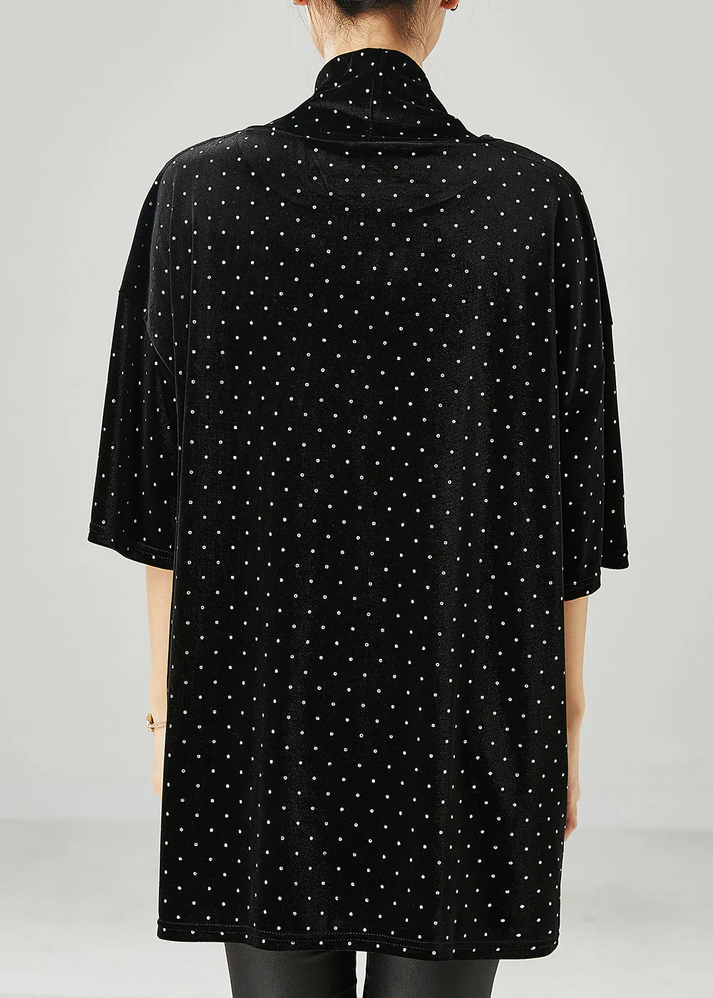Modern Black Turtle Neck Dot Silk Velour Mid Dress Half Sleeve - Image 4