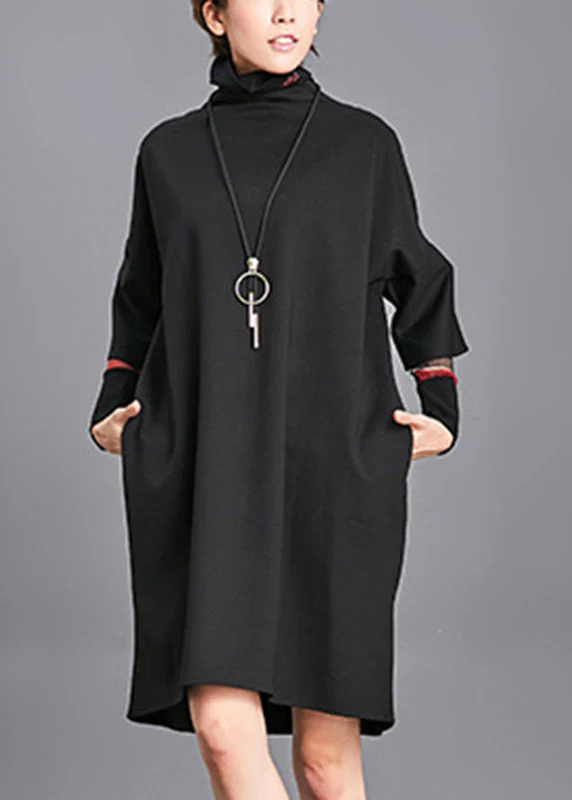 Modern Black Turtleneck Vacation Mid Dresses Long Sleeve