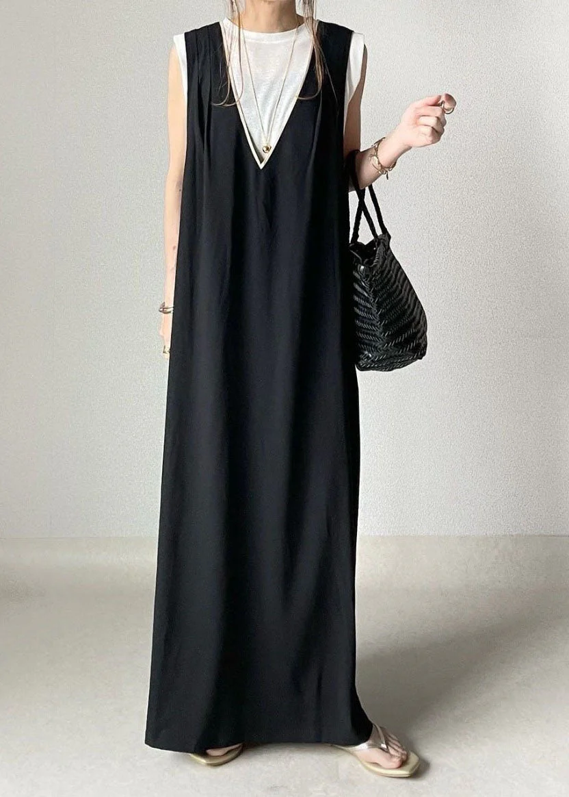 Modern Black V Neck Cross Side Open Cotton A Line Dress Sleeveless - Image 2