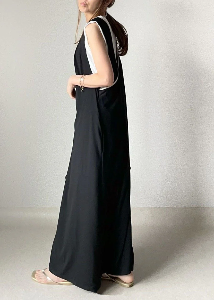 Modern Black V Neck Cross Side Open Cotton A Line Dress Sleeveless - Image 3