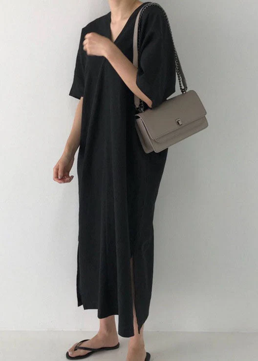 Modern Black V Neck Linen Maxi Dress Short Sleeve - Image 2