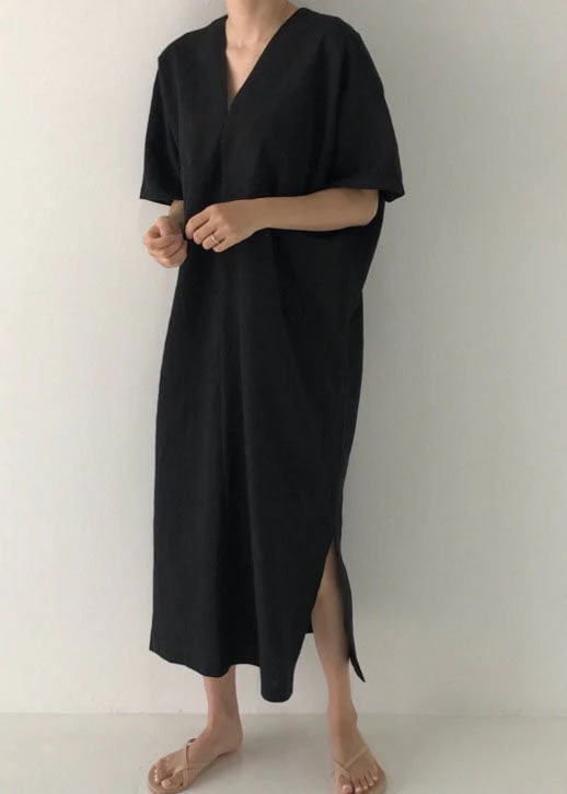 Modern Black V Neck Linen Maxi Dress Short Sleeve - Image 3