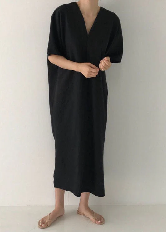 Modern Black V Neck Linen Maxi Dress Short Sleeve - Image 4