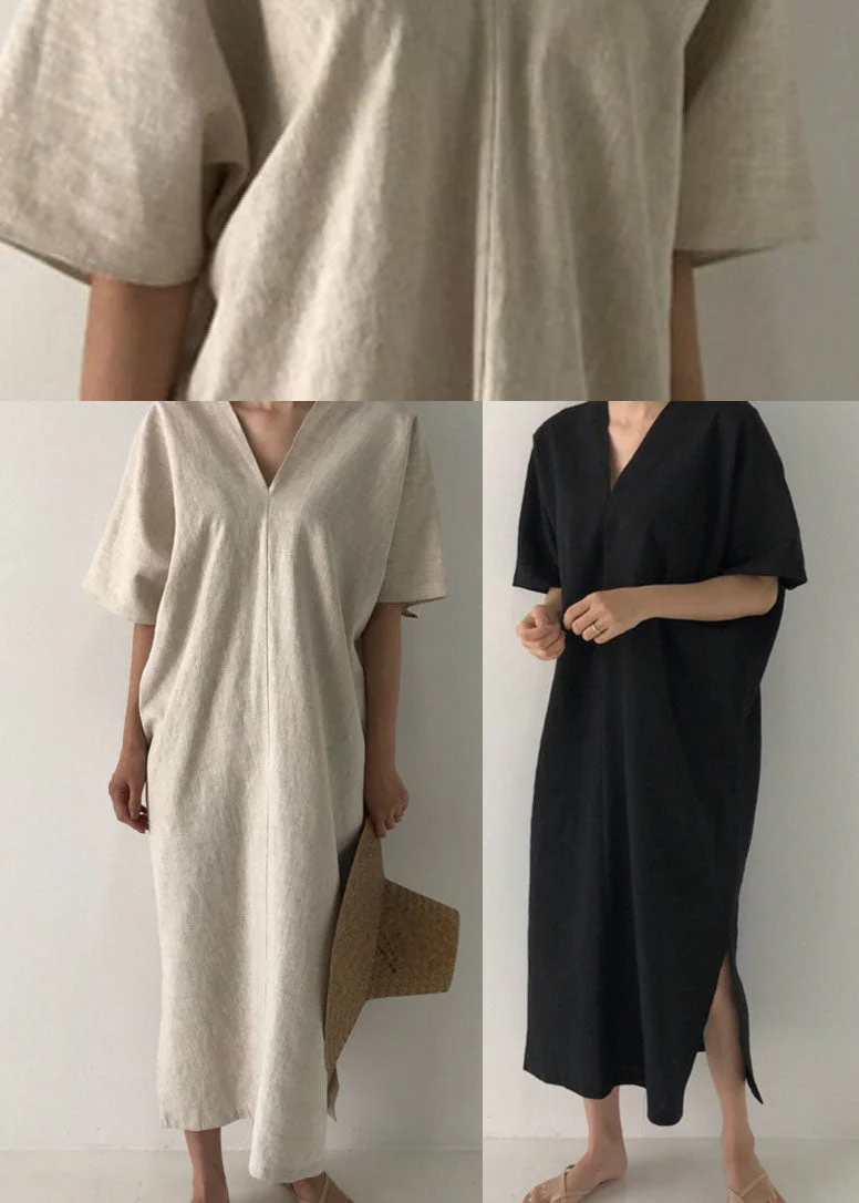 Modern Black V Neck Linen Maxi Dress Short Sleeve - Image 5