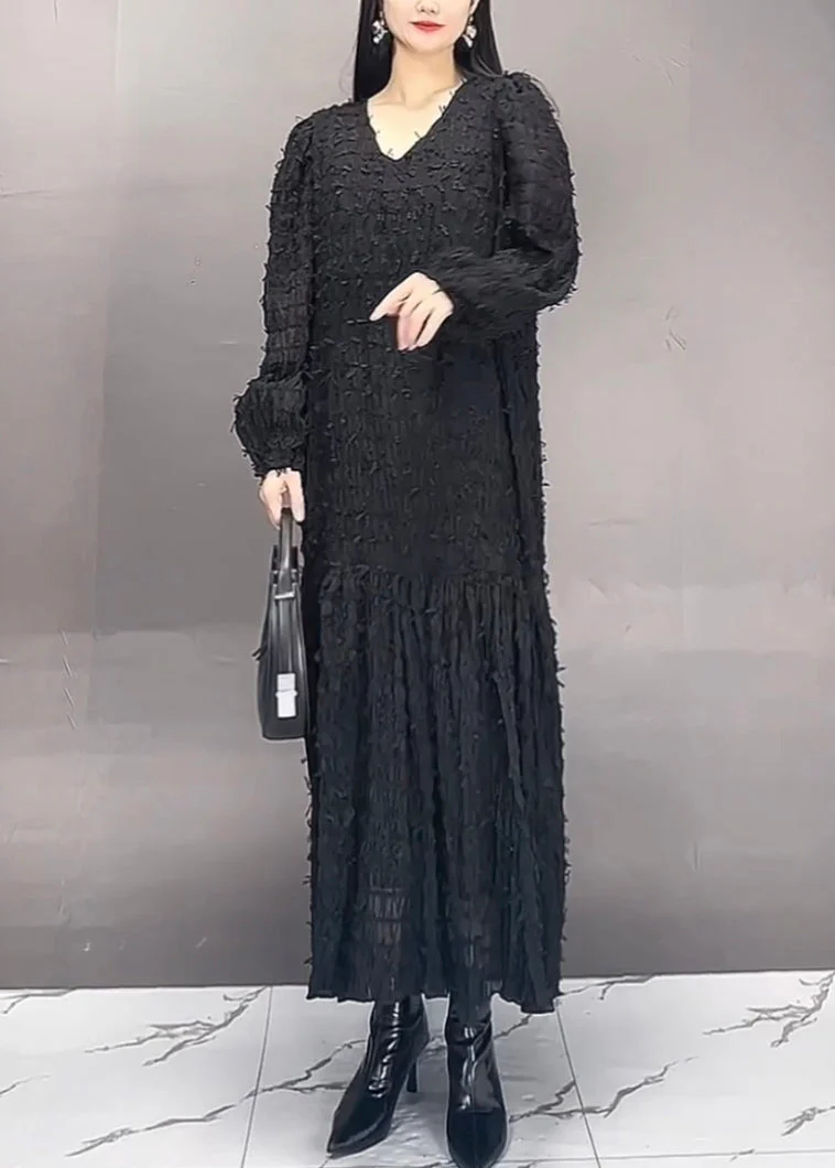 Modern Black V Neck Patchwork Chiffon Long Dress Spring - Image 3