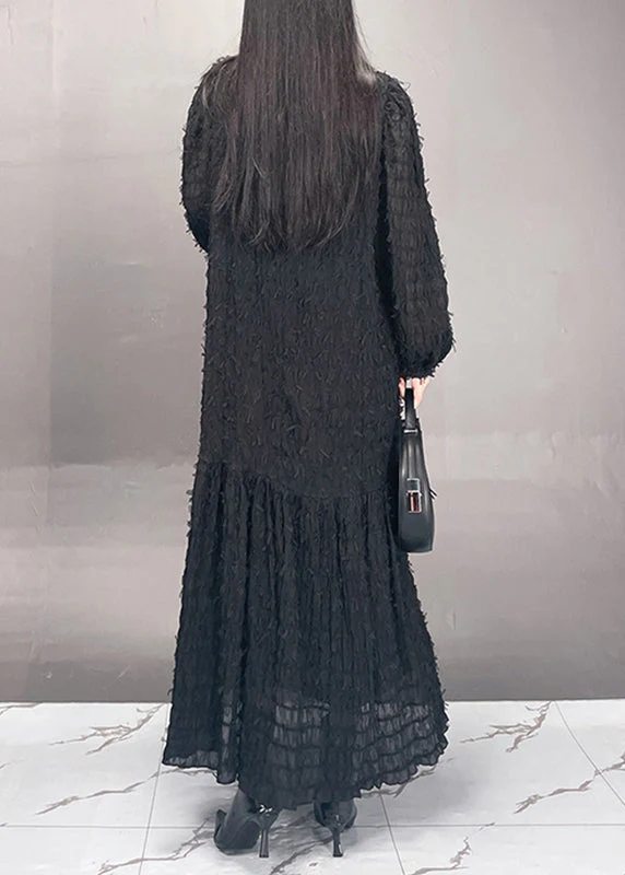 Modern Black V Neck Patchwork Chiffon Long Dress Spring - Image 5