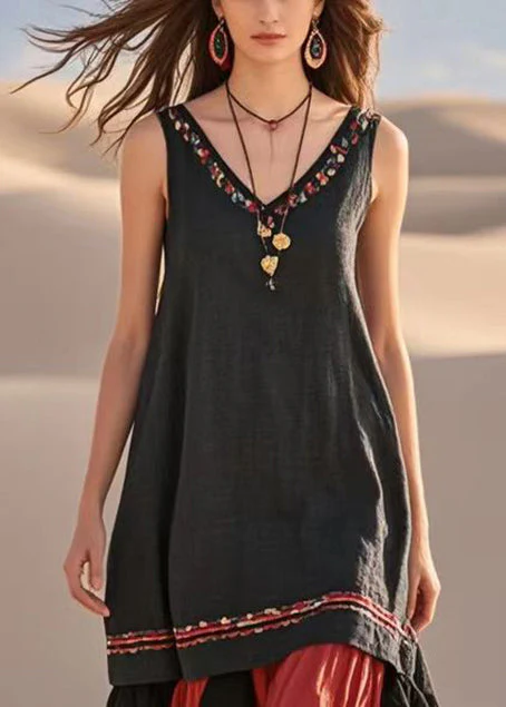 Modern Black V Neck Patchwork Cotton Maxi Dress Sleeveless - Image 2