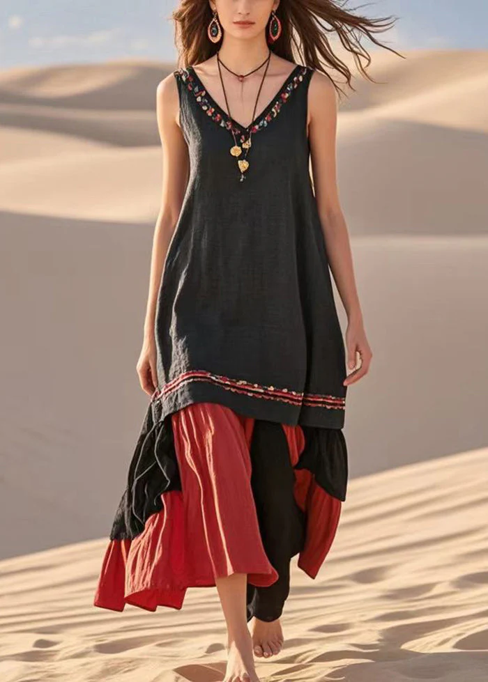 Modern Black V Neck Patchwork Cotton Maxi Dress Sleeveless - Image 3