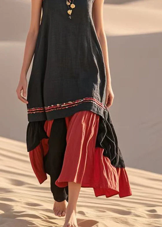 Modern Black V Neck Patchwork Cotton Maxi Dress Sleeveless - Image 4