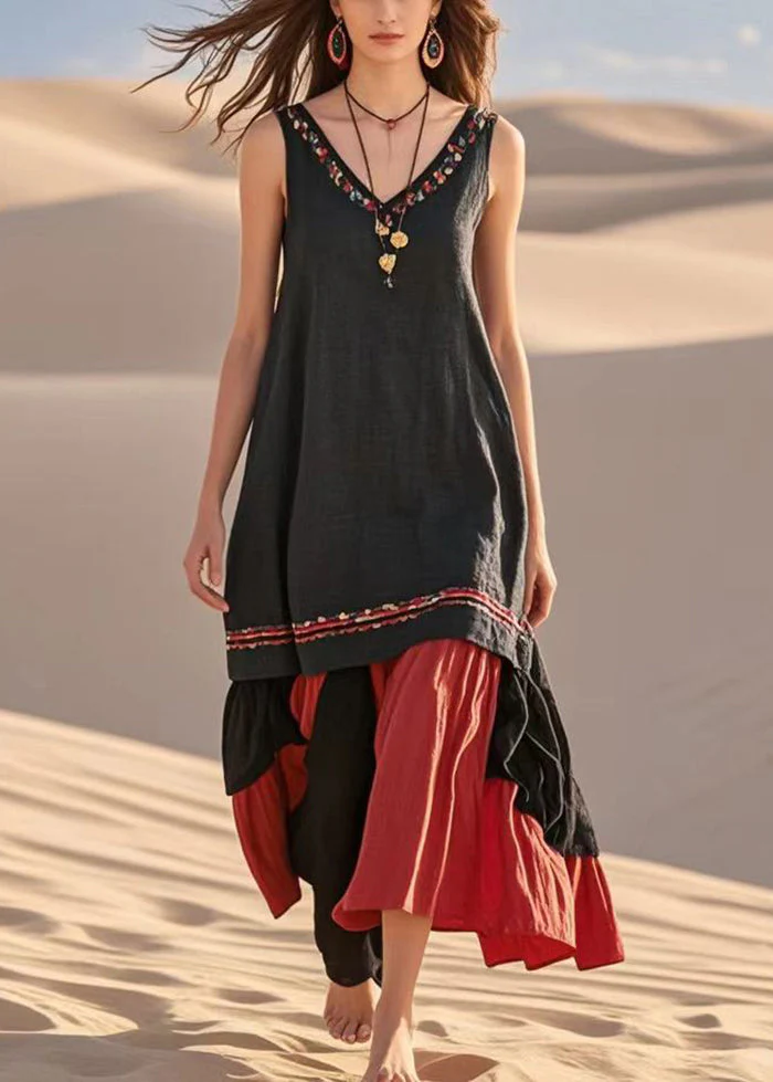 Modern Black V Neck Patchwork Cotton Maxi Dress Sleeveless - Image 5