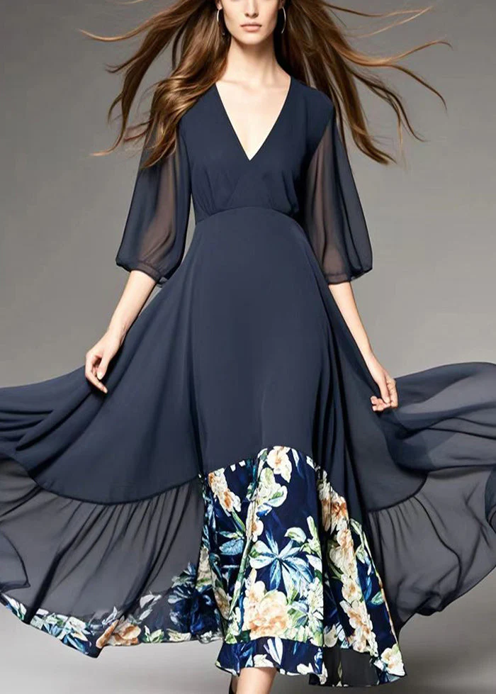 Modern Black V Neck Patchwork Print Chiffon Dress Summer - Image 3