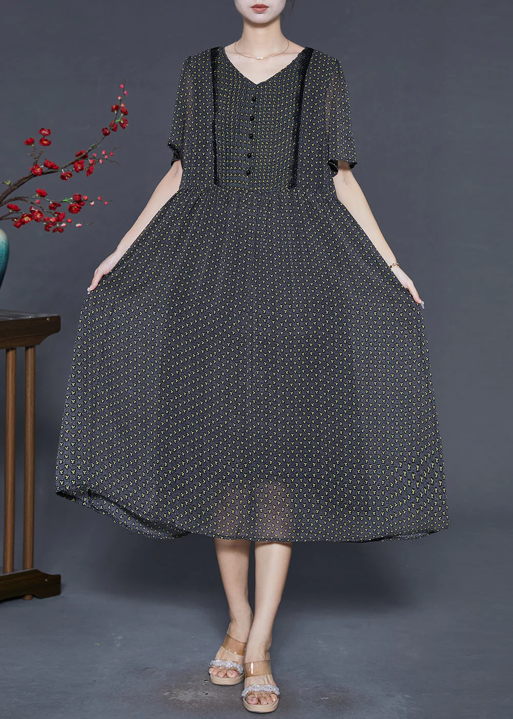Modern Black V Neck Print Chiffon Dresses Summer - Image 2