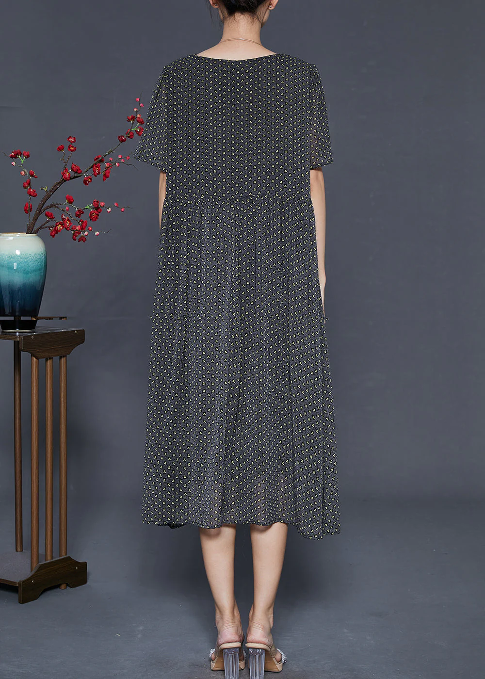 Modern Black V Neck Print Chiffon Dresses Summer - Image 4