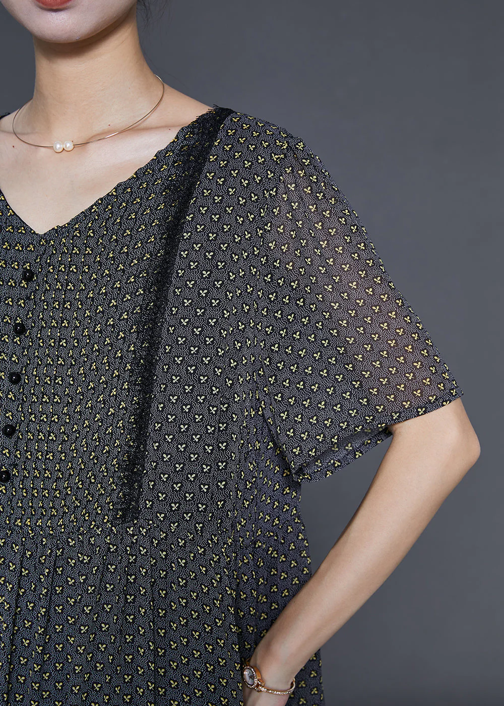 Modern Black V Neck Print Chiffon Dresses Summer - Image 5