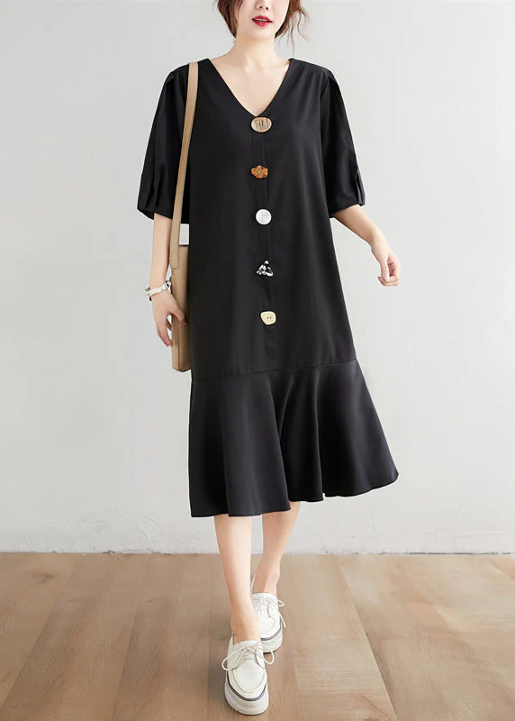Modern Black V Neck Ruffles Button Chiffon Dresses Half Sleeve - Image 2