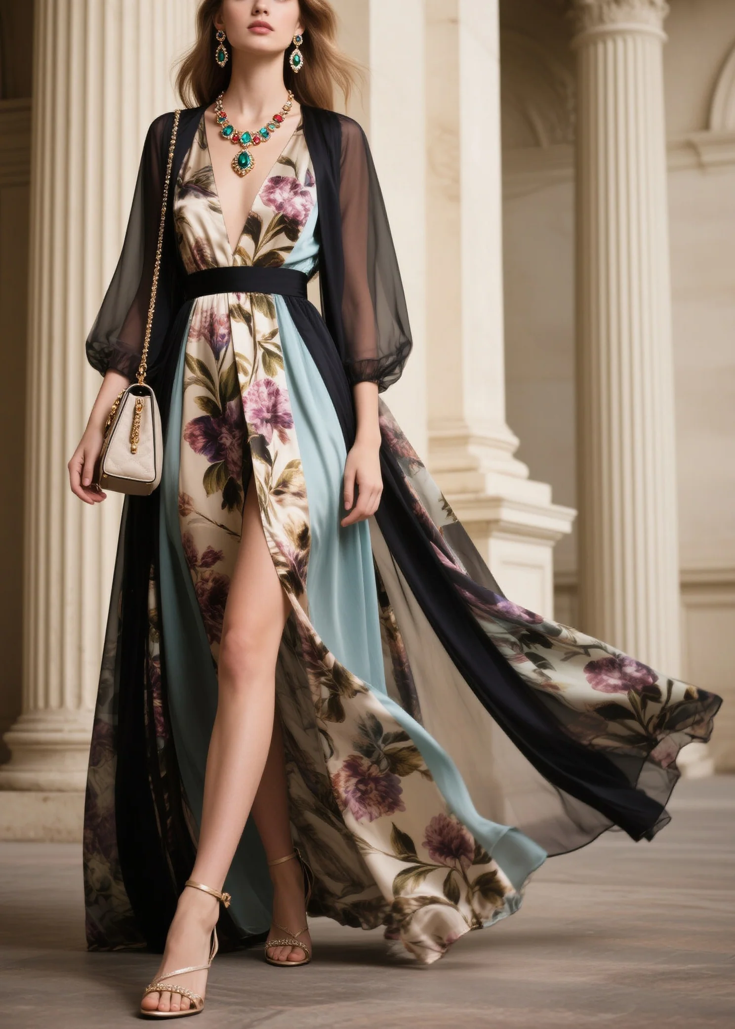 Modern Black V Neck Side Open Tulle Holiday Maxi Dress Fall - Image 3