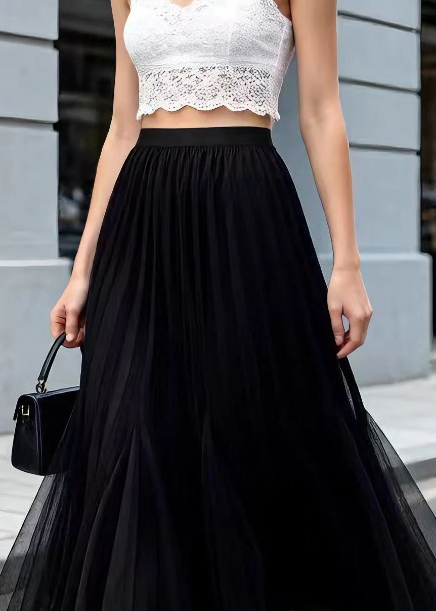 Modern Black Wrinkled Elastic Waist Tulle Skirt Summer - Image 2