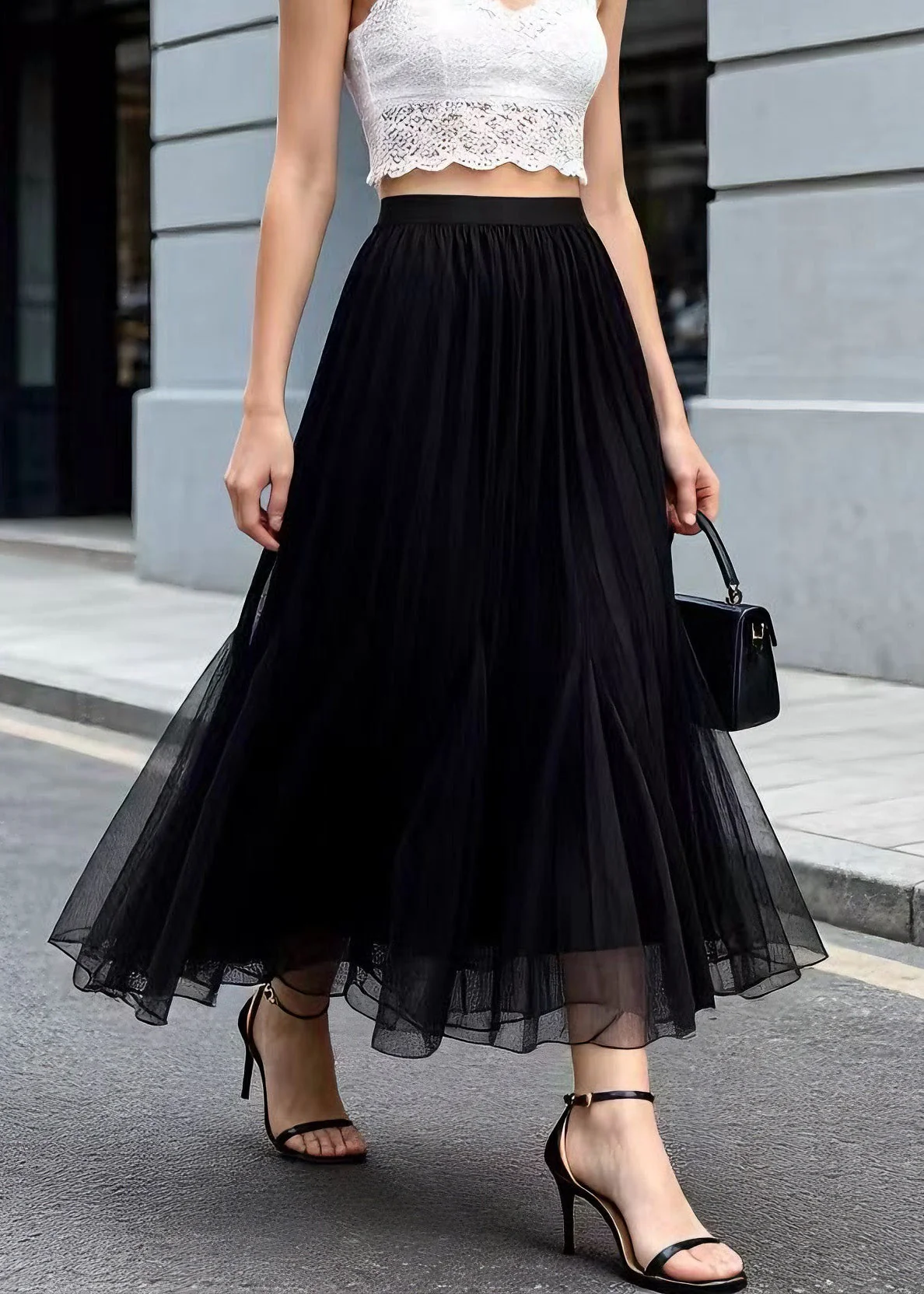 Modern Black Wrinkled Elastic Waist Tulle Skirt Summer - Image 3