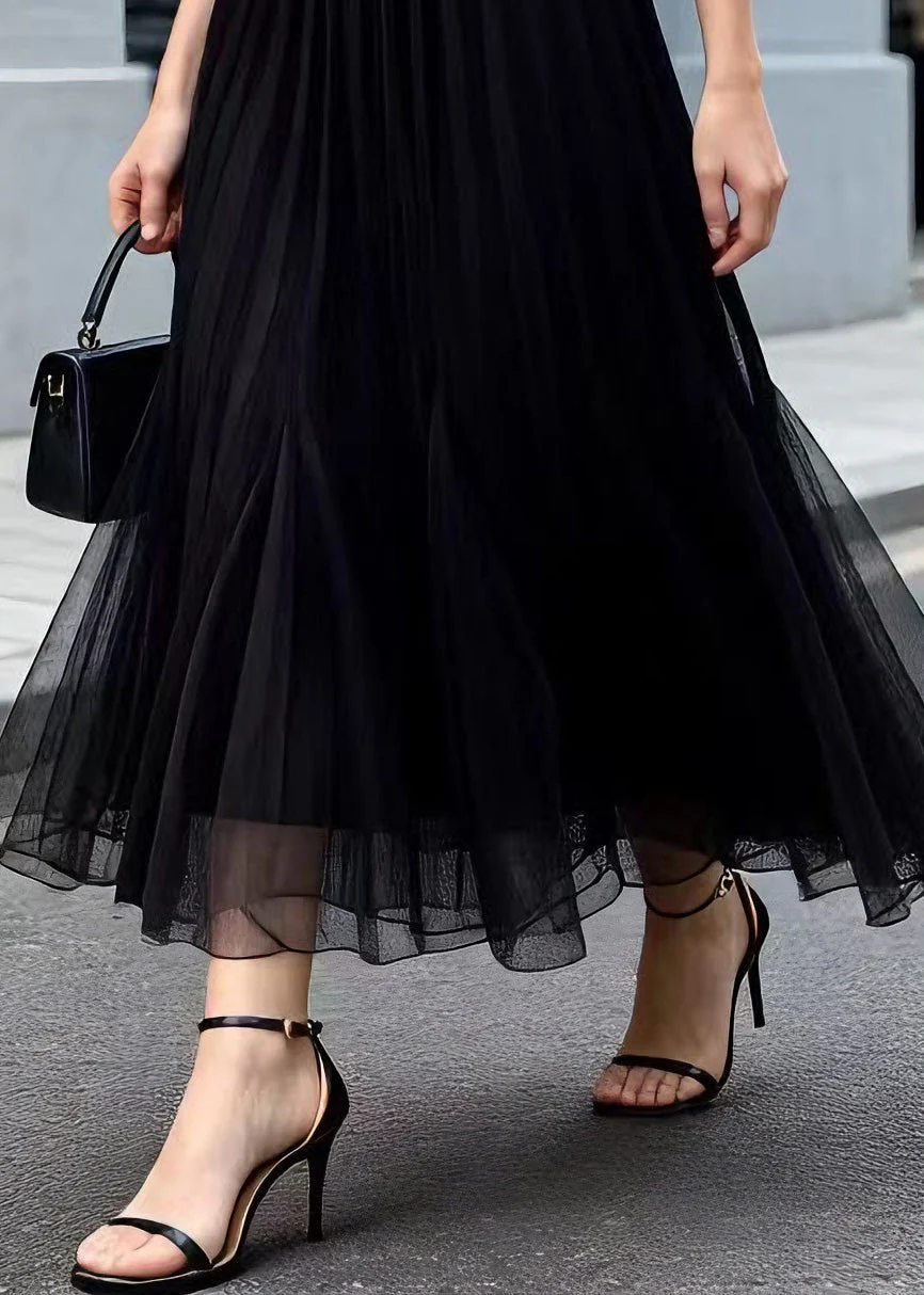 Modern Black Wrinkled Elastic Waist Tulle Skirt Summer - Image 4