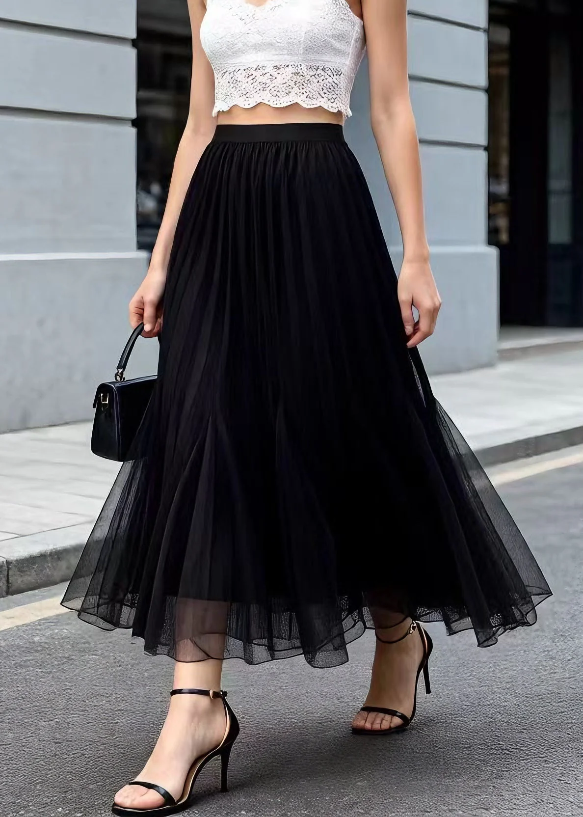 Modern Black Wrinkled Elastic Waist Tulle Skirt Summer - Image 5