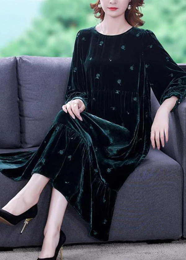 Modern Blackish Green Embroideried Patchwork Wrinkled Silk Velour Long Dress Spring - Image 2