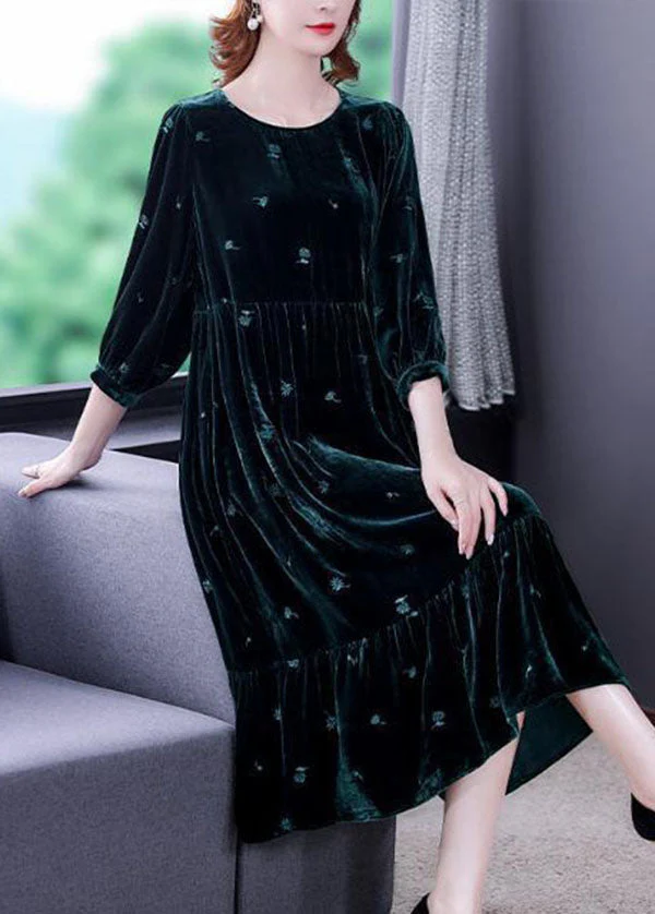Modern Blackish Green Embroideried Patchwork Wrinkled Silk Velour Long Dress Spring - Image 3